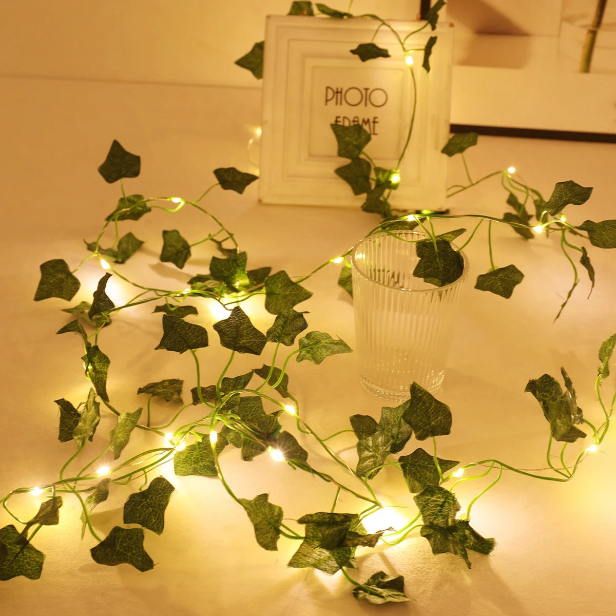 guirlande lumineuse feuilles or vert mariage anniversaire décoration bohème festive LED texturées