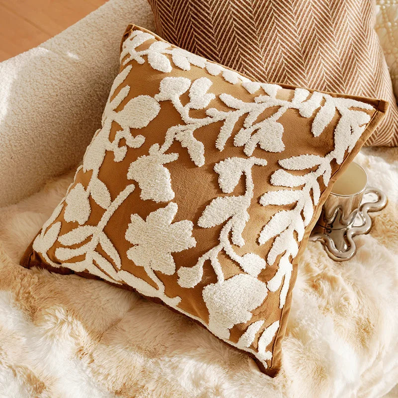 coussins patchwork marron beige motifs géométriques imprimé léopard contemporain polyester coton respectueux environnement non