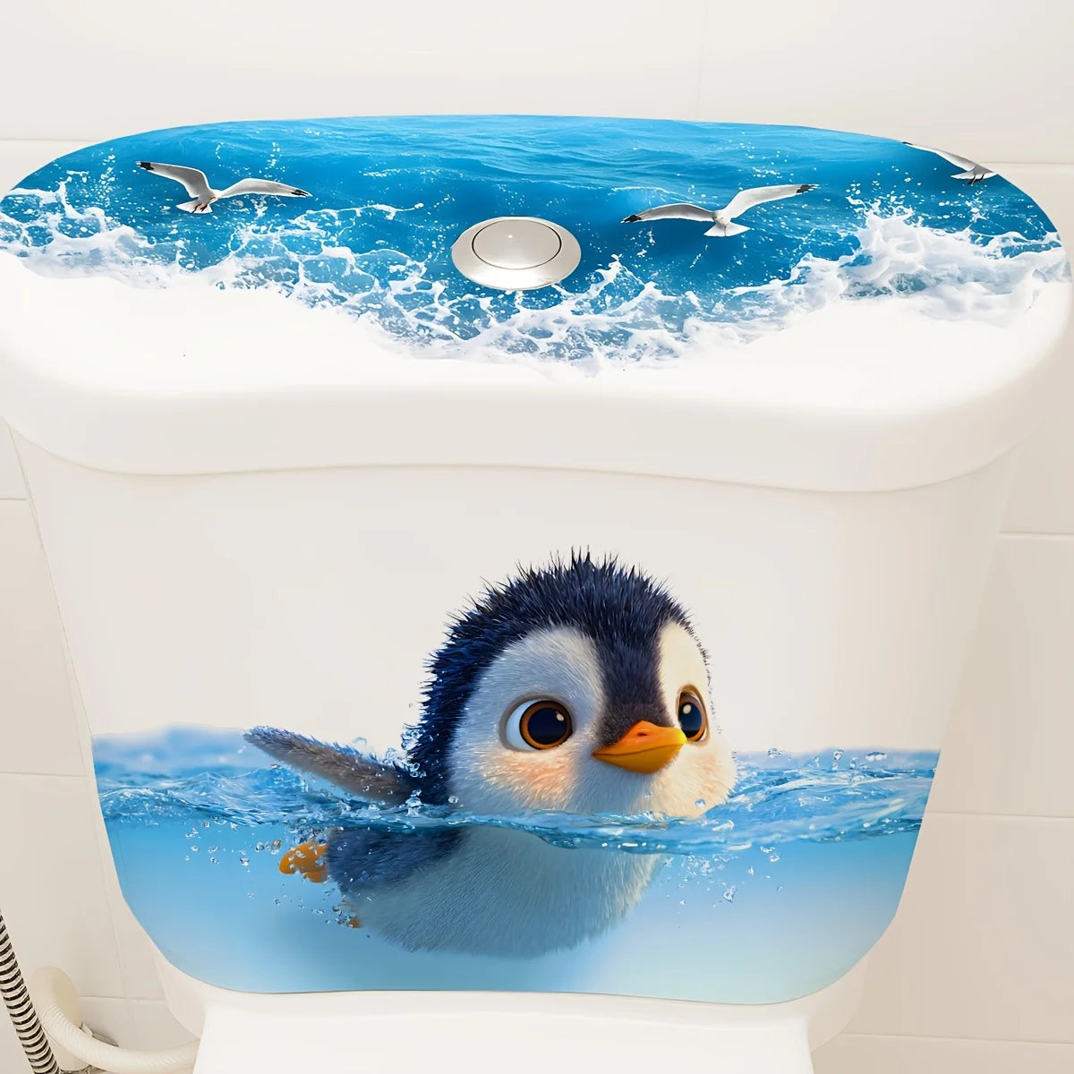 cache cuvette toilette pingouin bleu blanc illustration adhésive salle bain déco facile nettoyage