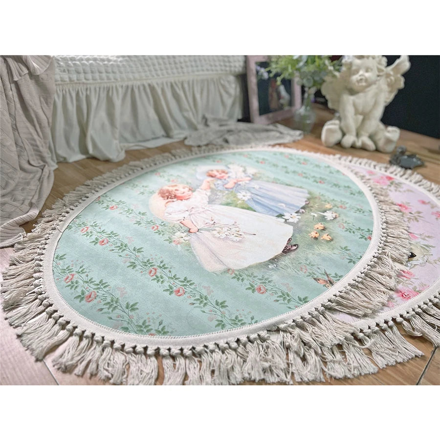 tapis rond fleuri vintage antidérapant doux franges vert rose chambre salon pastel romantiqueintérieur