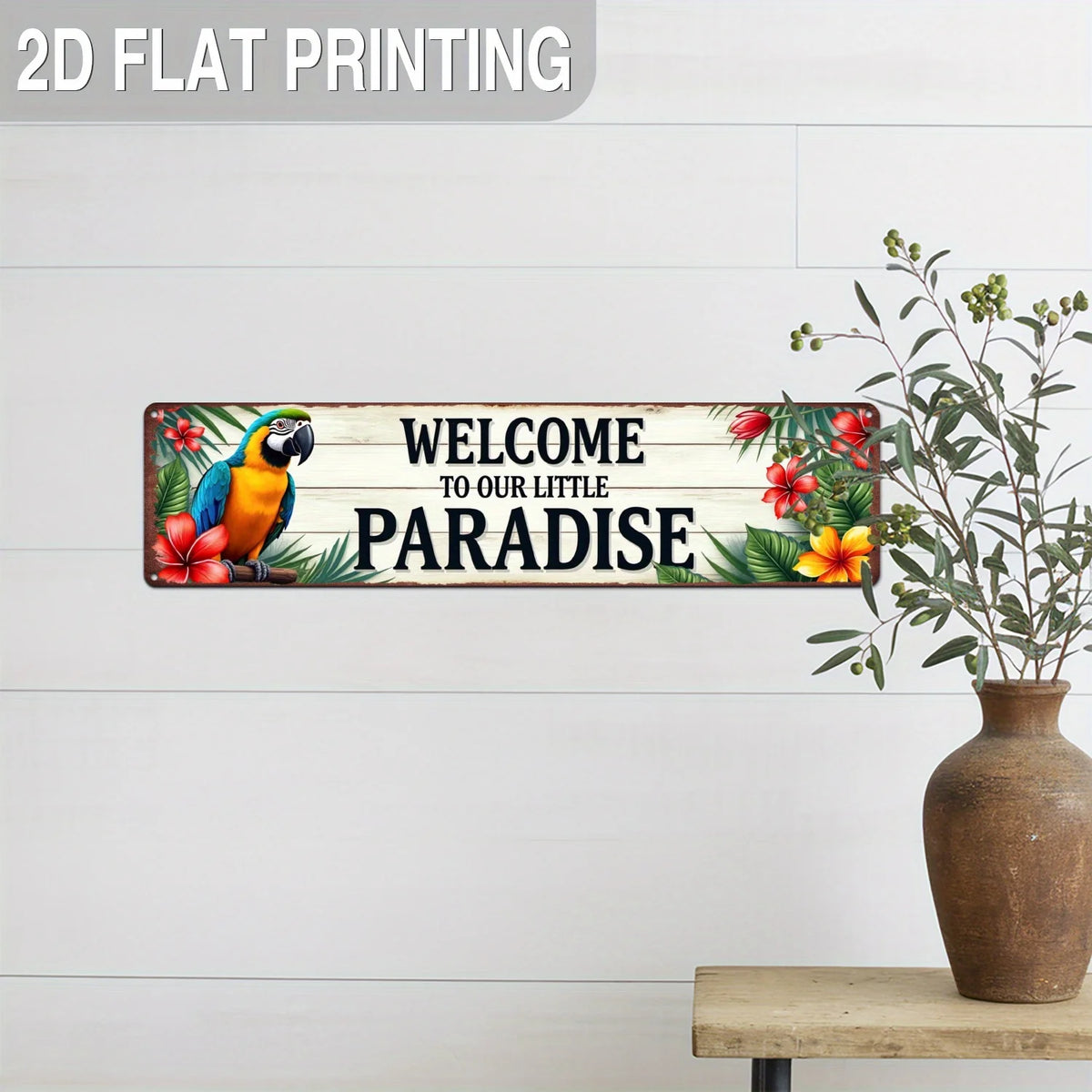 plaque décorative perroquet tropical fleurs colorées bienvenue vintage imitations bois vieilli vis ruban adhésif