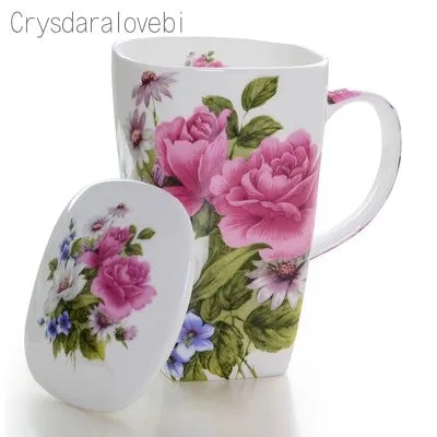 tasses thé céramique fleurs classiques poignées couvercle blanc rose vert