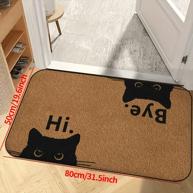 tapis moderne antidérapant chat noir yeux dorés textes hi bye entrée 50x80cm