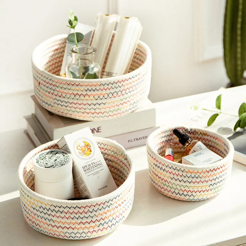 paniers rangement tissés main gris rose beige zigzag multiple opacité minimaliste réutilisable respectueux environnement