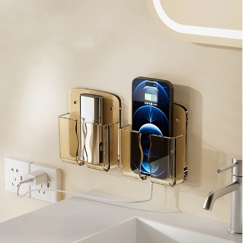 organisateur mural moderne transparent supports téléphone power bank rangement objets minimaliste fixations visées