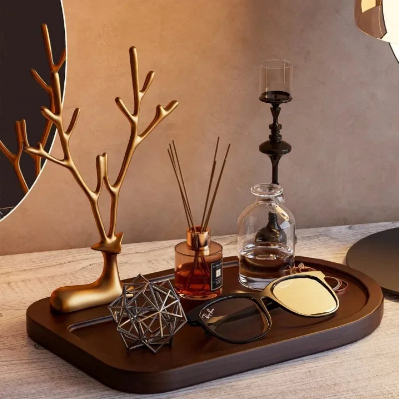 plateau rangement bois moderne marron foncé cuir coutures arbre doré diffuseur huiles essentielles bouteille