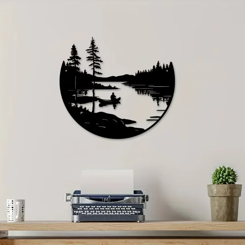 décoration murale moderne plaque noire paysage silhouettes rivière bateau personne minimalist artextérieur maison