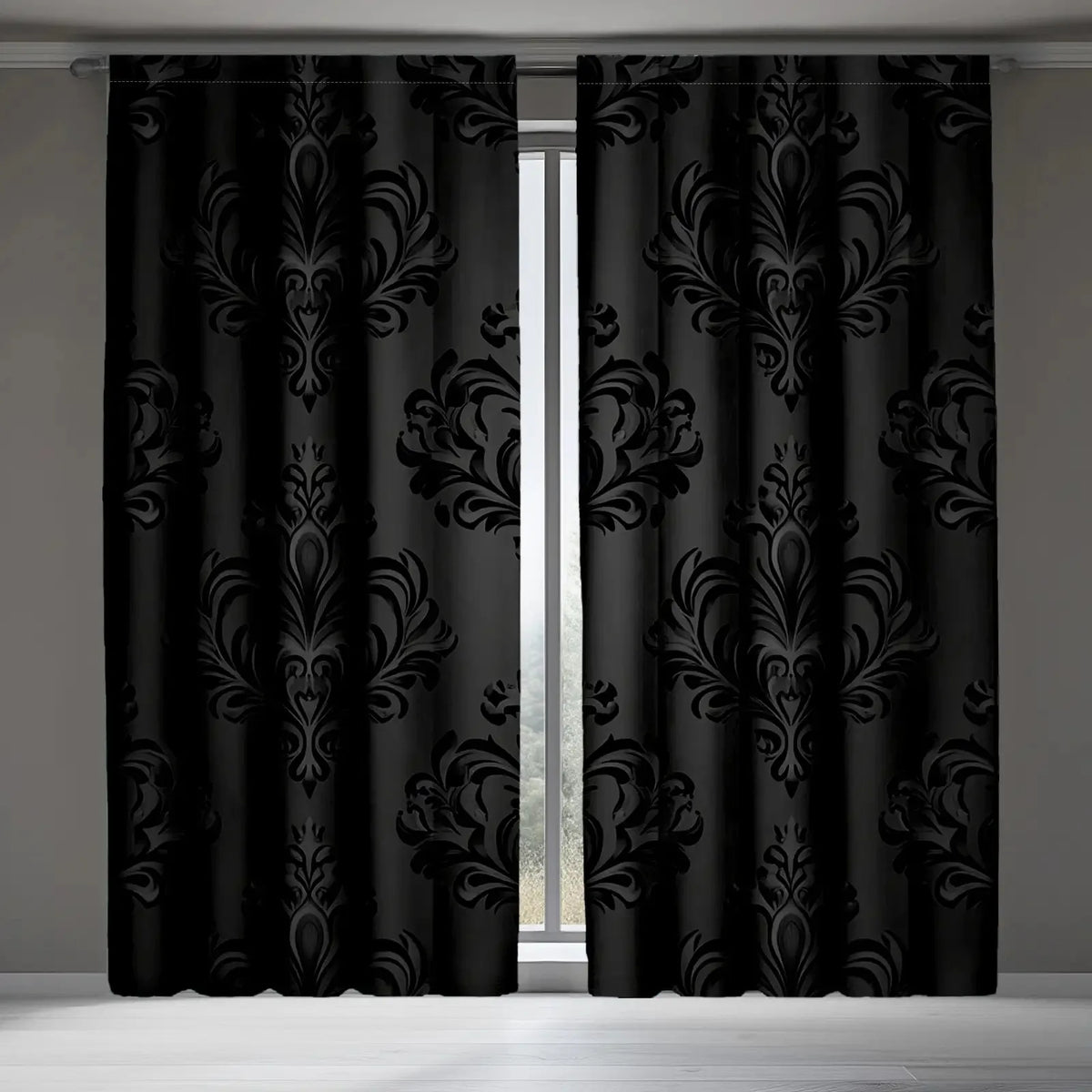 rideaux noir ornements floraux classique salon opaques polyester