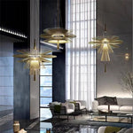 suspension lumineuse or noir contemporain minimaliste ampoule led intégrée fixation câbles métal superposé
