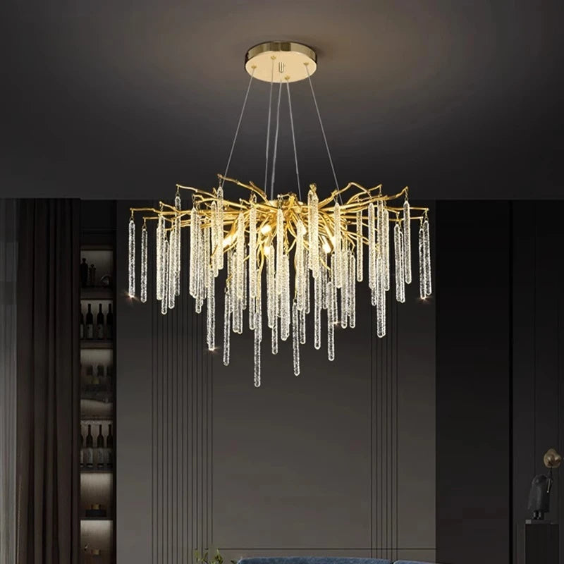 lustre suspension cristal branches dorées moderne salon salle manger luxe luminaire