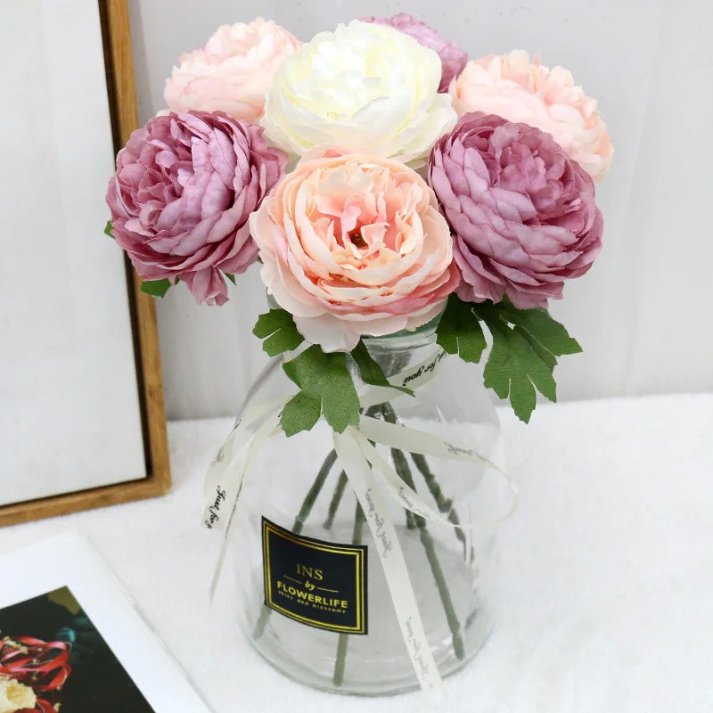 Bouquet artificiel pivoine rose pâle blanc feuilles vertes décoration intérieure romantique 29cm total length