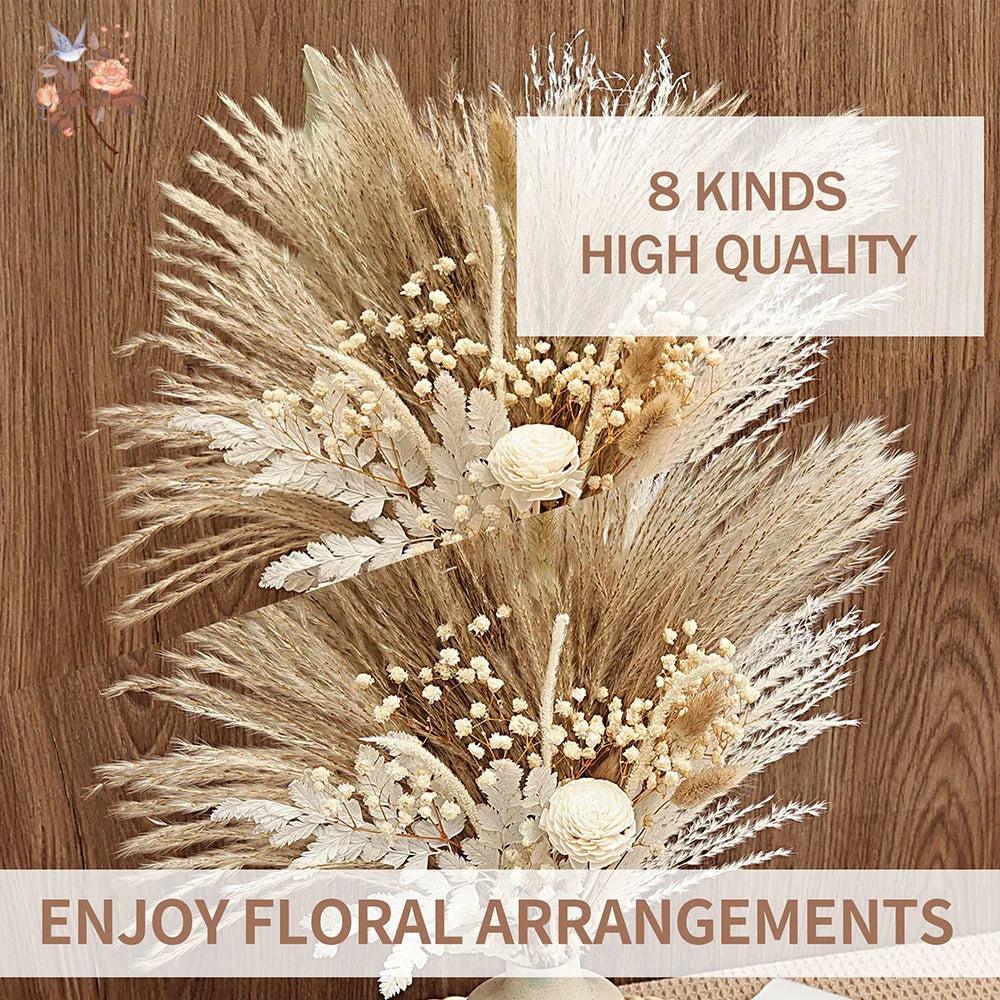 bouquets séchés naturels feuilles fines fleurs blanches plumes beige rustique décoration maison anniversaire baby