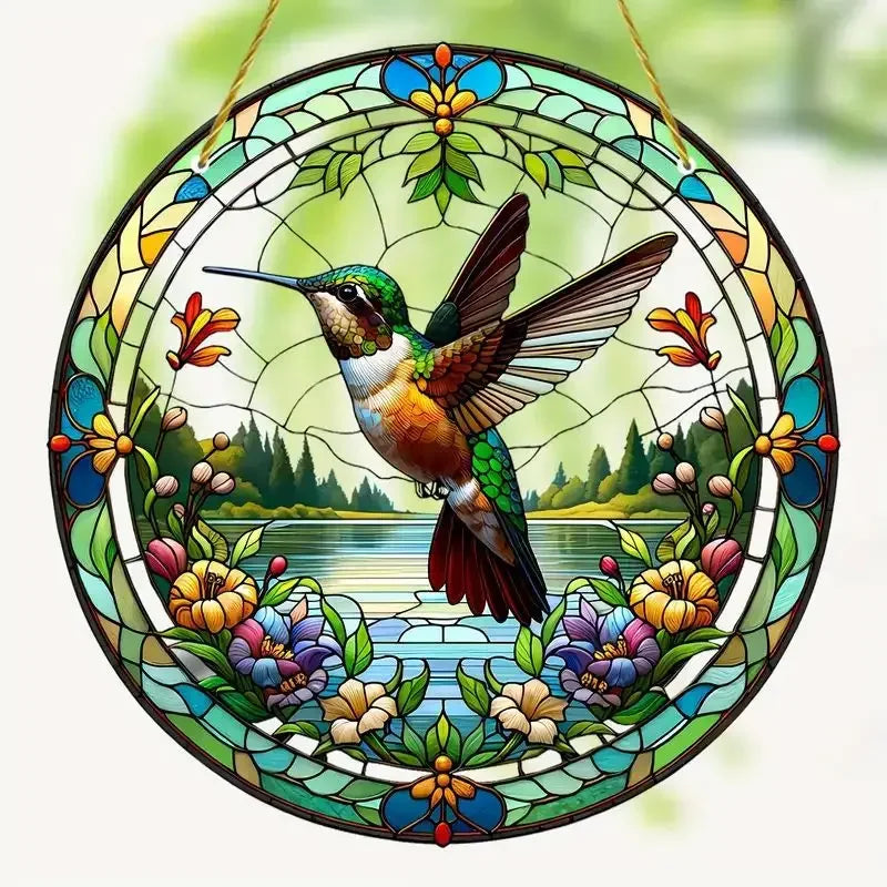 décoration extérieure oiseau verre soufflé art deco multicolore cordelette fleurs transparent