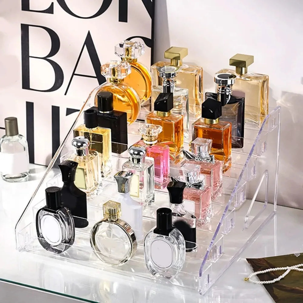 rangements cosmétiques transparents multi niveaux acrylique vernis parfums modernes épurés maison salon.storage.display.racks