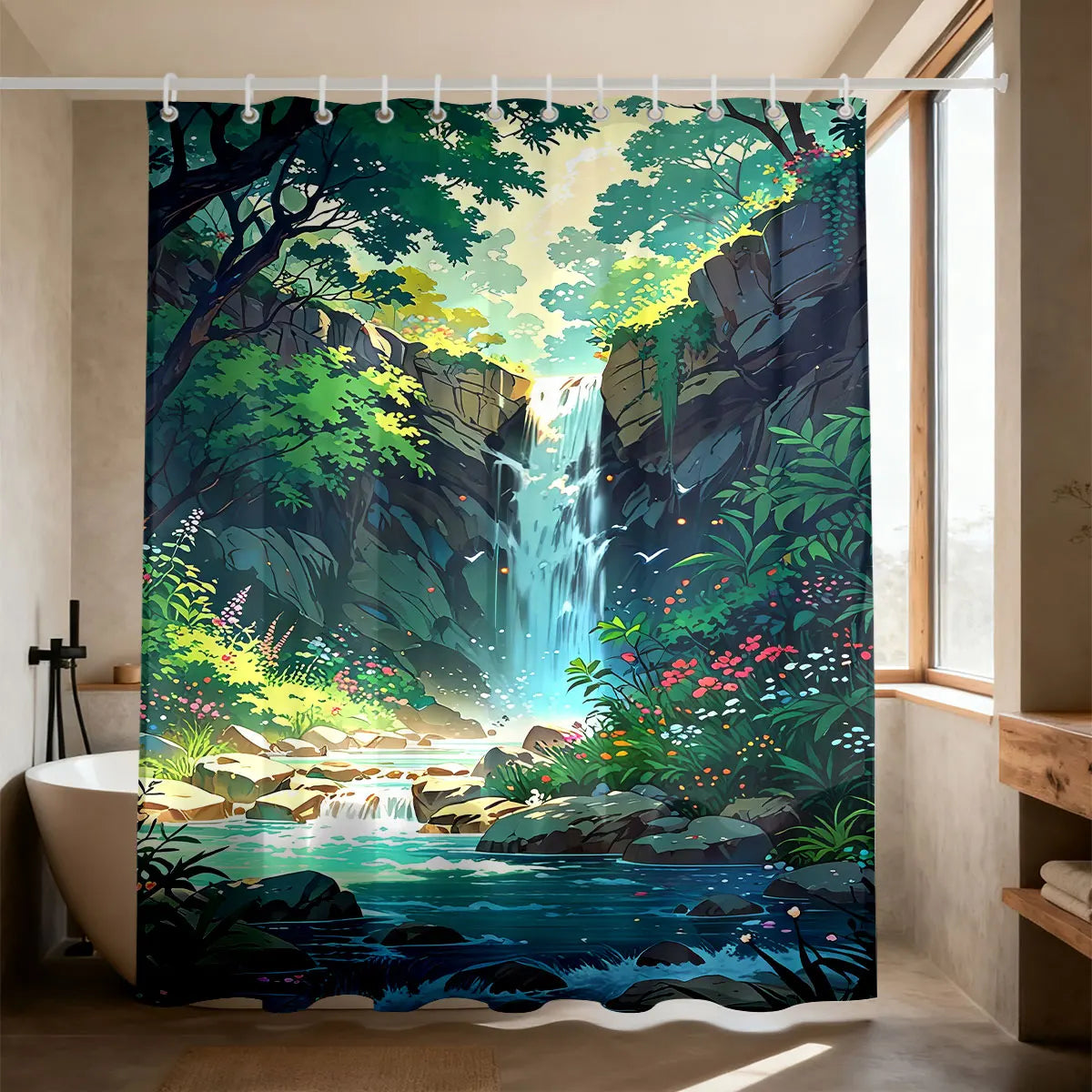rideau douche moderne paysage cascade arbres fleurs opacité vert bleu blanc rouge jaune noir