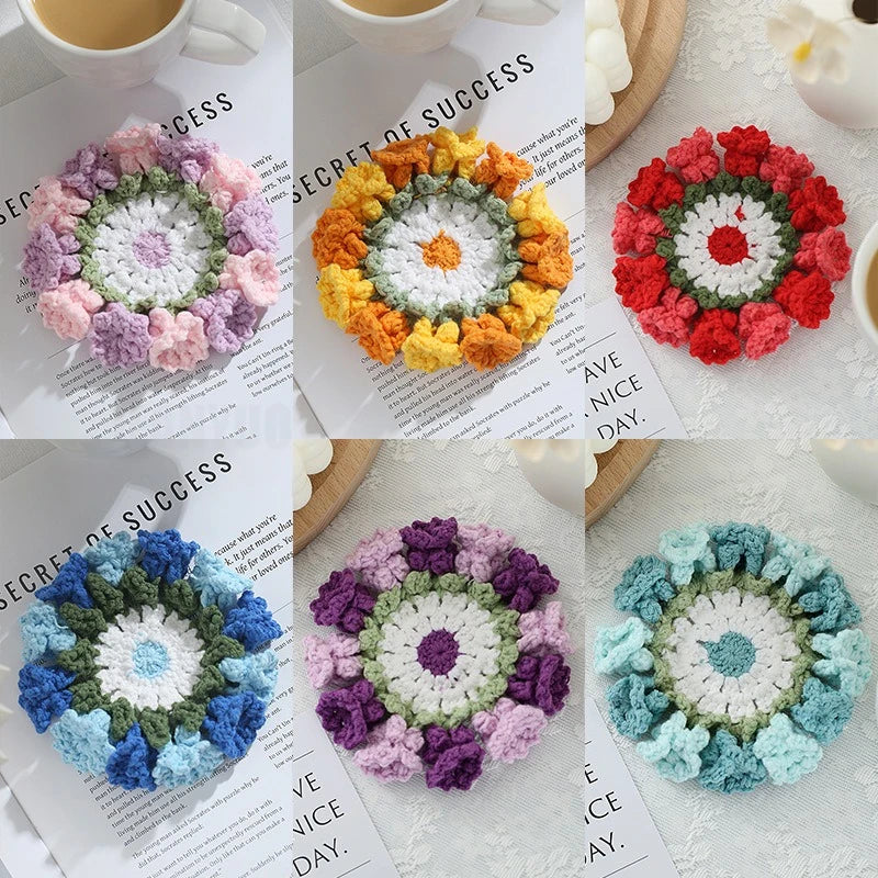 coasters multicolores fleurs crochet tapis ronds artisans decoration table respectueux environnement
