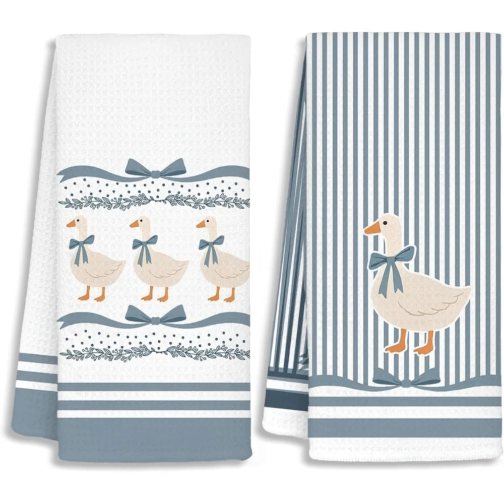 serviettes cuisine canards bleu clair rayures rustique blanc décoratif ensemble clips