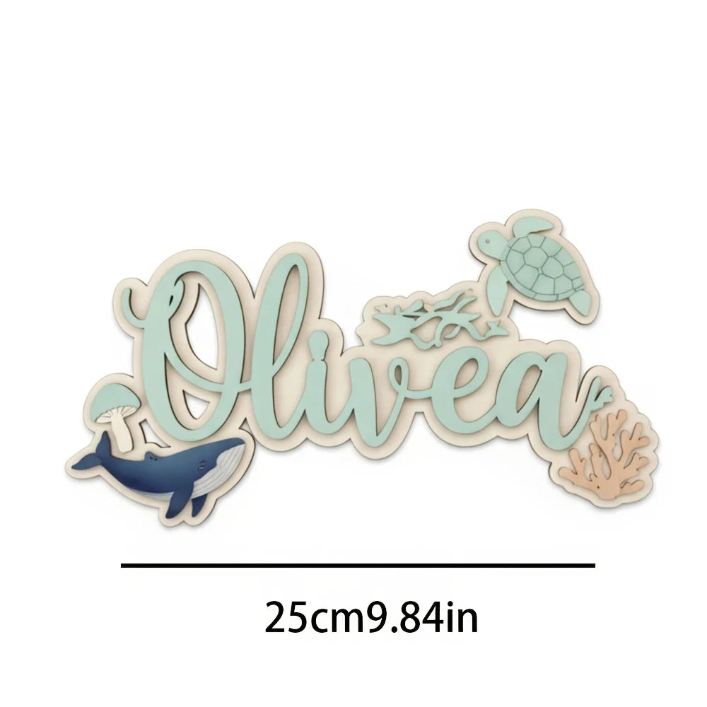 plaque porte personnalisable bois impression uv lettres animaux marins moderne vert pastel occasion fête