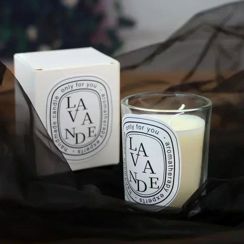 bougie parfumée vanille cadeau mariage transparente classique ornement tableDecoration étiquetteBlanche textureNoir souvenirsInvites