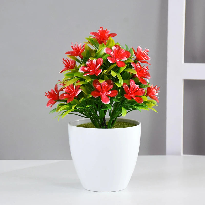 plantes artificielles bonsaï violettes rouges jaunes blanches pot blanc mousse verte décoration moderne extérieur