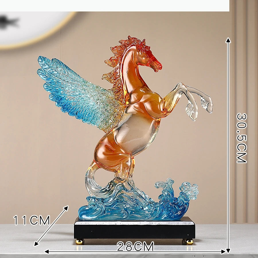 statuette pegase cheval ailé vague transparente bleu orange décoration maison festive