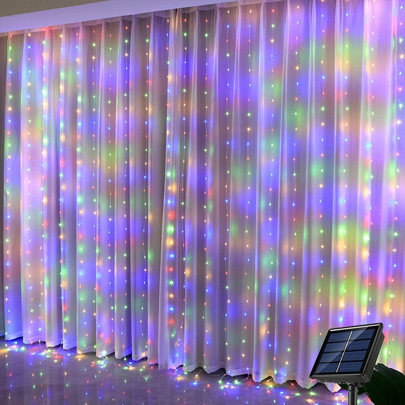 rideau lumineux led solaire multicolore festif cascade jardin fete deco vacancesextérieur moderne