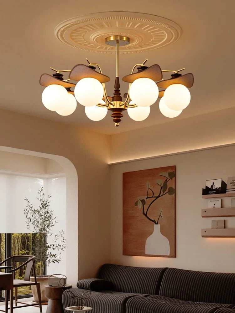lampe suspendue or classique bois foncé tête translucide led salon chambre