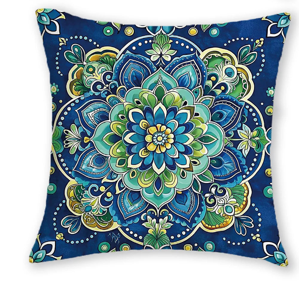 housse coussin motif mandala bleu vert polyester peacheskin zip fermure ethnique decoration maison chambre