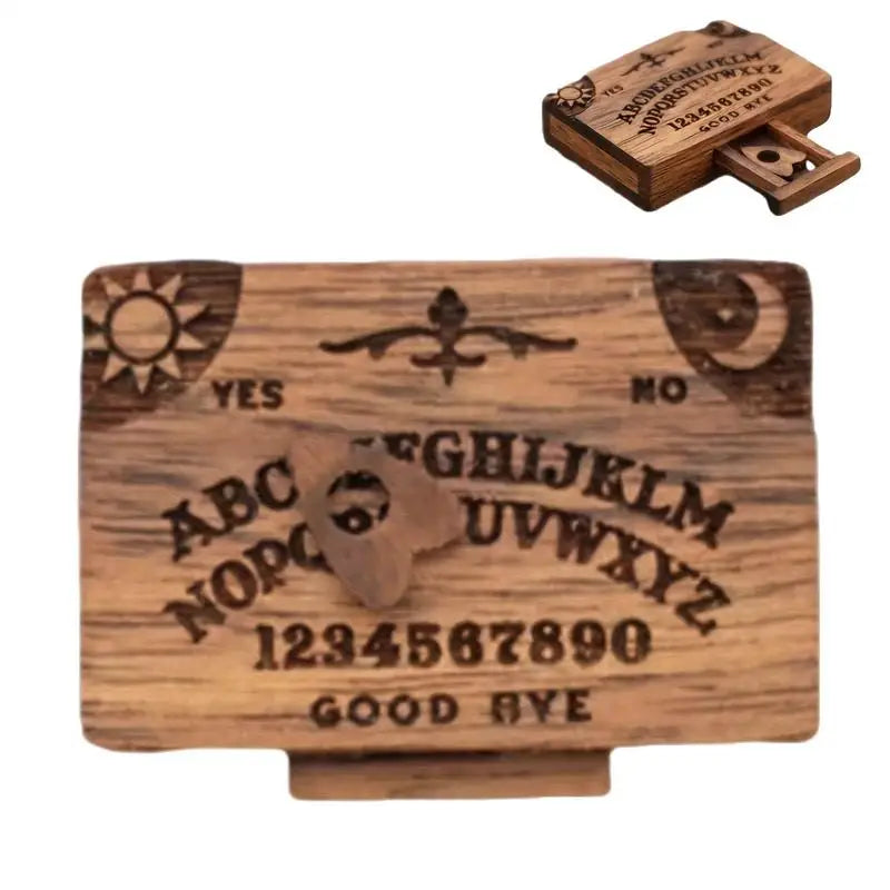 jeu société ouija miniature bois gravure lettres symboles soleil lune oiseau vintage
