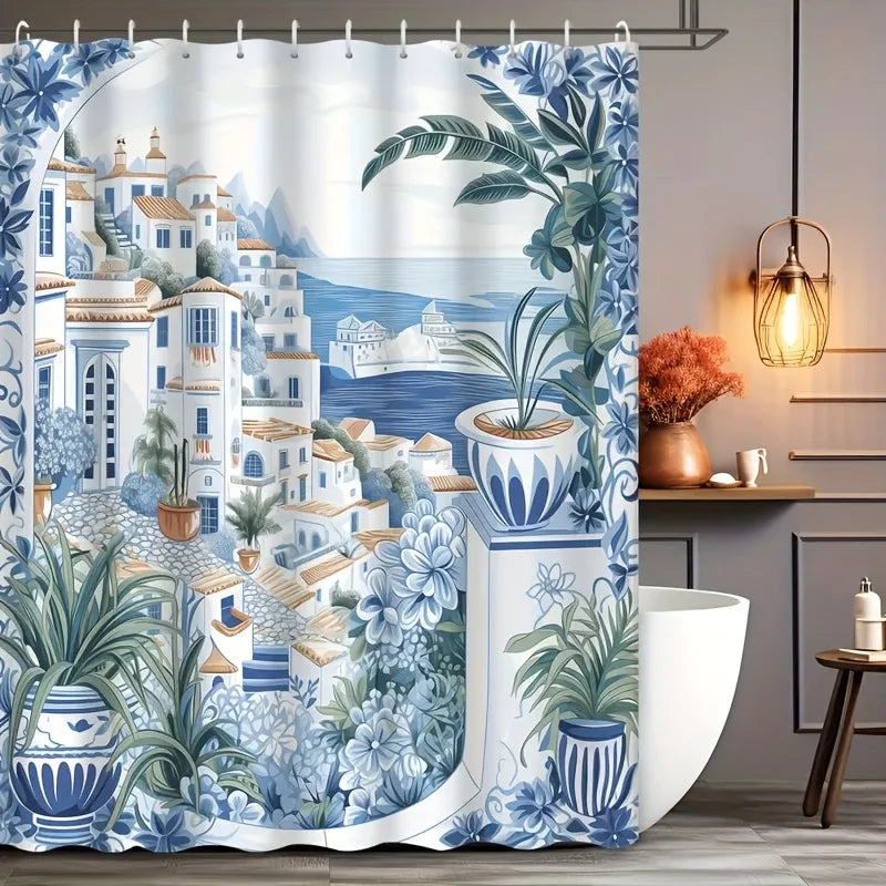 rideau douche bleu motif paysage urbain crochets taille large variété