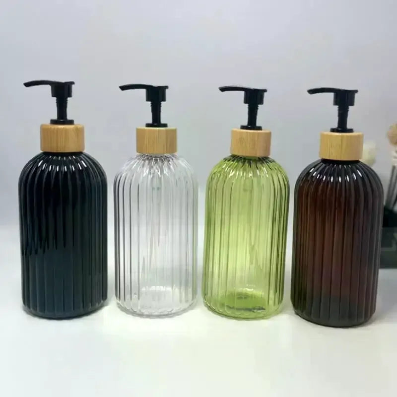 flacon pompe noir brun vert transparent moderne rayures vertical rechargeable shampoing lotion