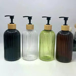 flacon pompe noir brun vert transparent moderne rayures vertical rechargeable shampoing lotion