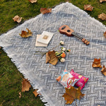 tapis plage rose blanc boho chic rayures diagonales franges pique nique extérieur portable