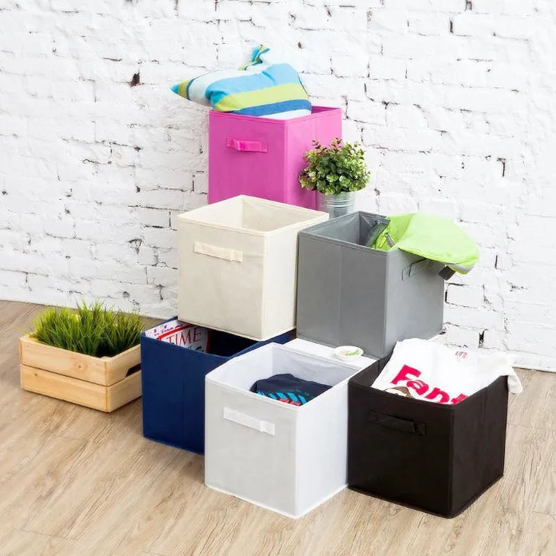 boîtes rangement pliables tissu uni moderne bleu marine beige jaune vert poignées détachables respectueux