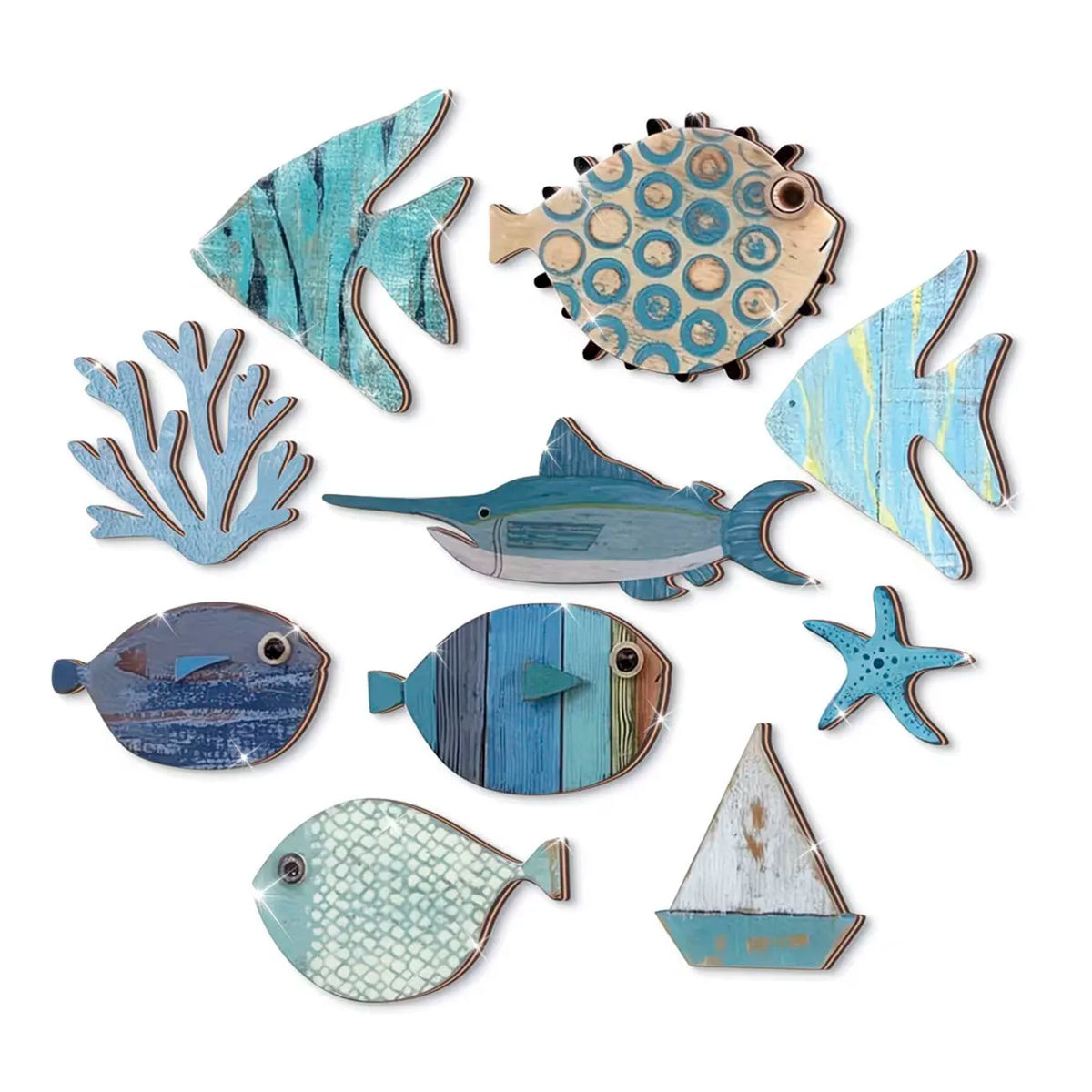 décorations murales poissons coraux bateau marin adhésif bleu gris blanc textures naturelles artificiel bois