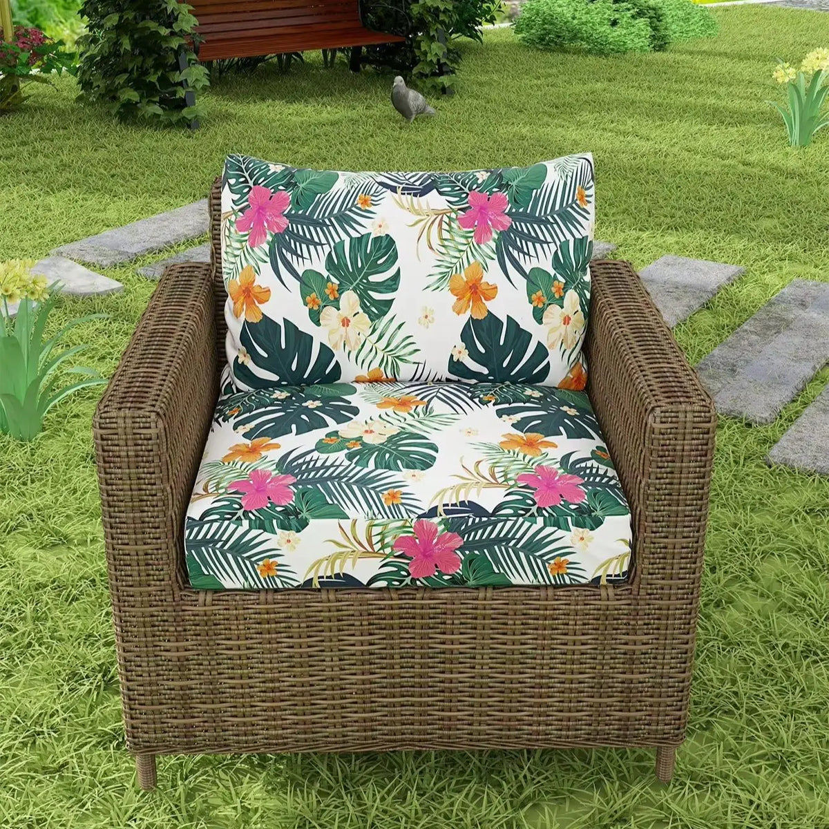 coussin canapé extérieur feuilles tropicales blanc vert orange rose moderne