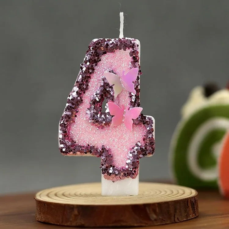 bougies numéraires pailletées rose violet blanc papillons relief décoration fil fixe anniversaire saint valentin