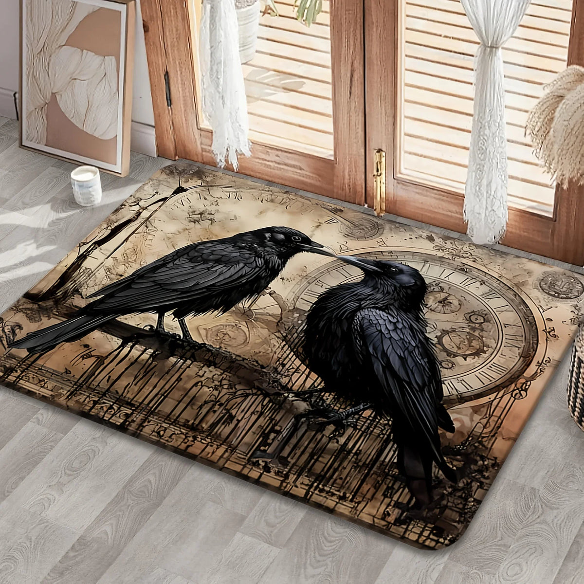 tapis noir oiseaux horloge vintage romantique salon résistant décoloration polyester