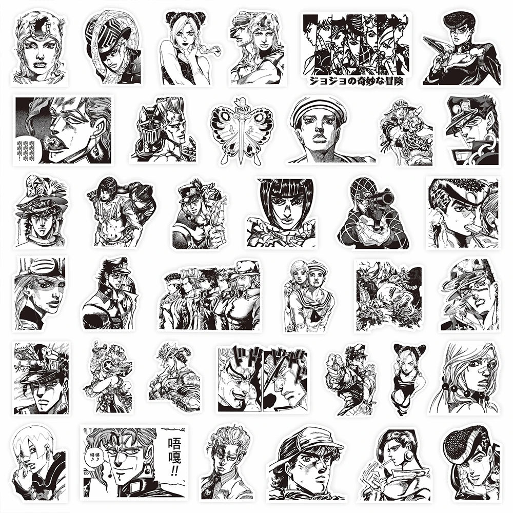 sticker manga personnages noir blanc jojo bizarre adventure josuke kujo jotaro continue logo