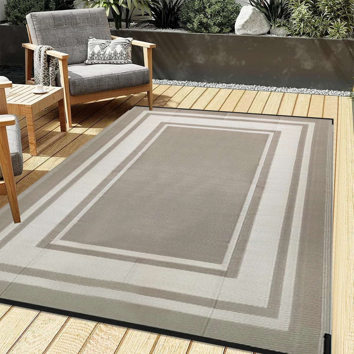 tapis extérieur moderne polypropylène noir blanc gris motifs floraux rectangleversible imperméable double face