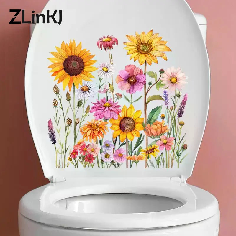 sticker adhésif moderne multicolore tournesol fleurs herbes sauvages décoration wc toilettes couvercle réfrigérateur illustration