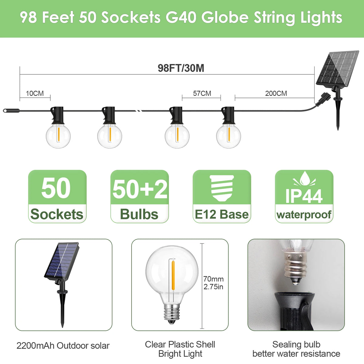 guirlande lumineuse solaire extérieure 15m 25 ampoules led jaunes télécommande