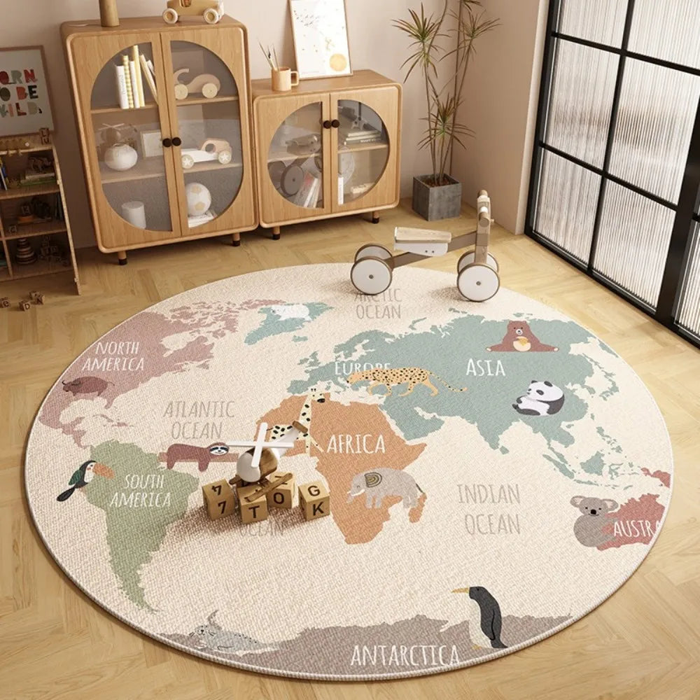 tapis rond carte monde animaux lettres velours polyester antidérapant facile nettoyage moderne salon chambre