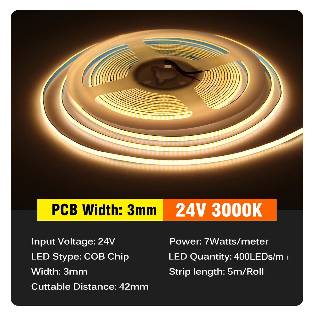 ruban led cob blanc 3mm 5mm 12v 24v lisse moderne connecteurs 5mètres rouleau