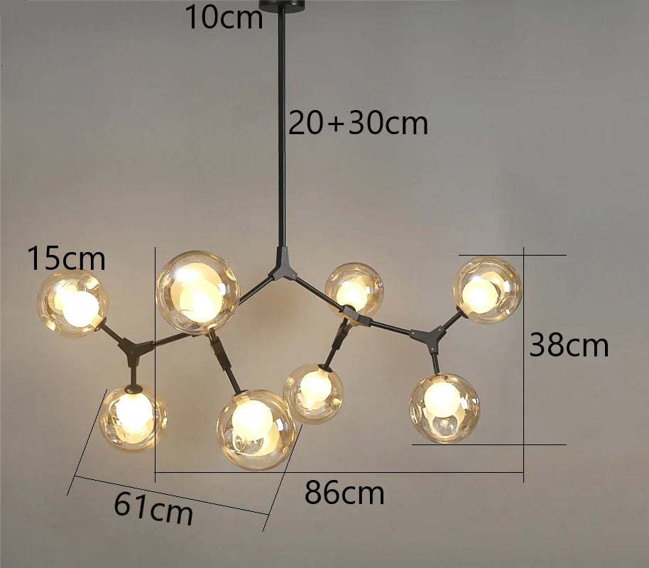 suspension lumineuse moderne scandinave noir sphères translucides ampoules led branchettes structure métallique