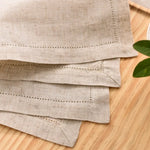 serviettes tissu lin brodé rustique beige feuilles vertes argentées fixations points cousus