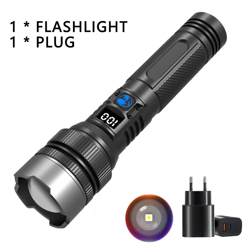 lampe poche led rechargeable zoom écran numérique 15w 100mètres noir texturé moderne