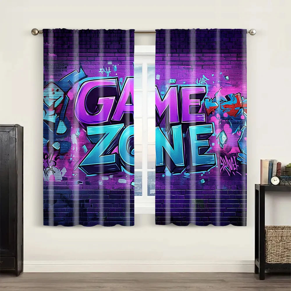 rideaux deux pièces graffiti game zone briques violet turquois rouge blanc urbain