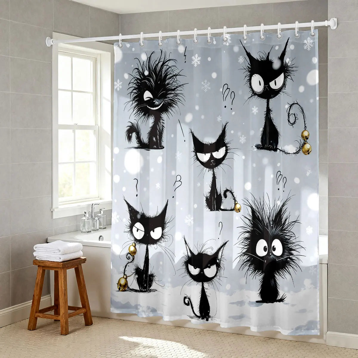 rideau douche imperméable chat dessin animé gris clair noir humoristique opacité classique anneaux rideau