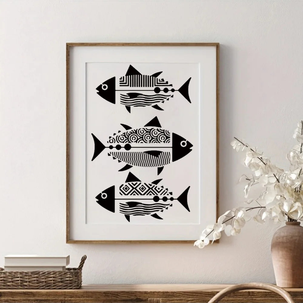 Stencil géométrique poisson ondule blanc brun noir ornement décoration peinture murale artisanale